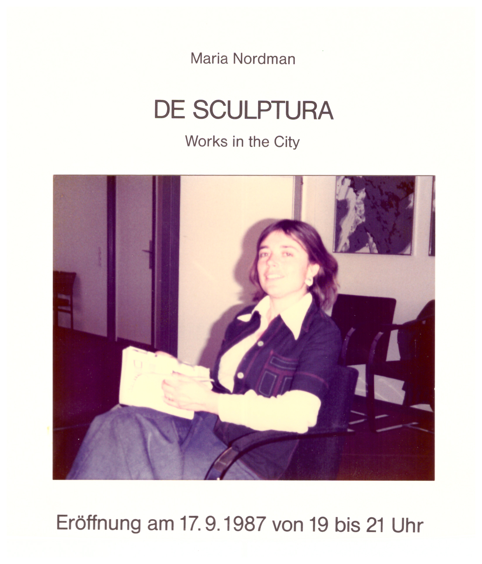 <p>Einladungskarte zur Ausstellung "Maria Nordman, De Sculptura, Works in the City", Kunstraum München e.V., 1987, Drucksache, 20.5 × 29.7 cm</p>