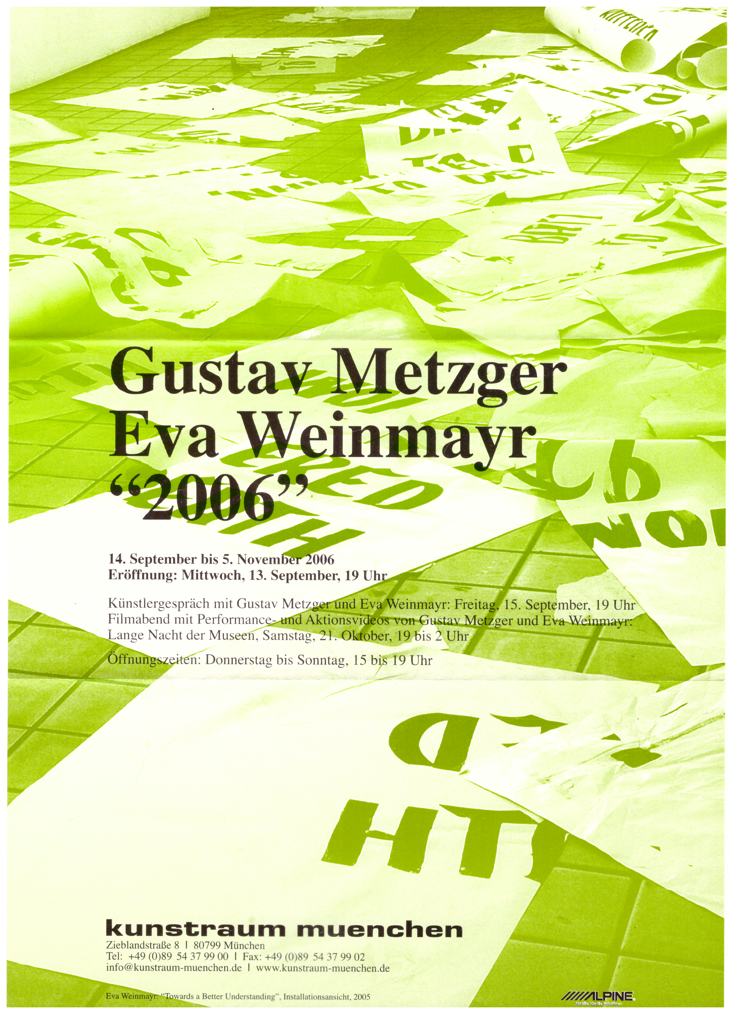 <p>Einladungskarte zur Ausstellung "Gustav Metzger/Eva Weinmayr", Kunstraum München e.V., 2006, Drucksache, 29.7 × 21 cm</p>