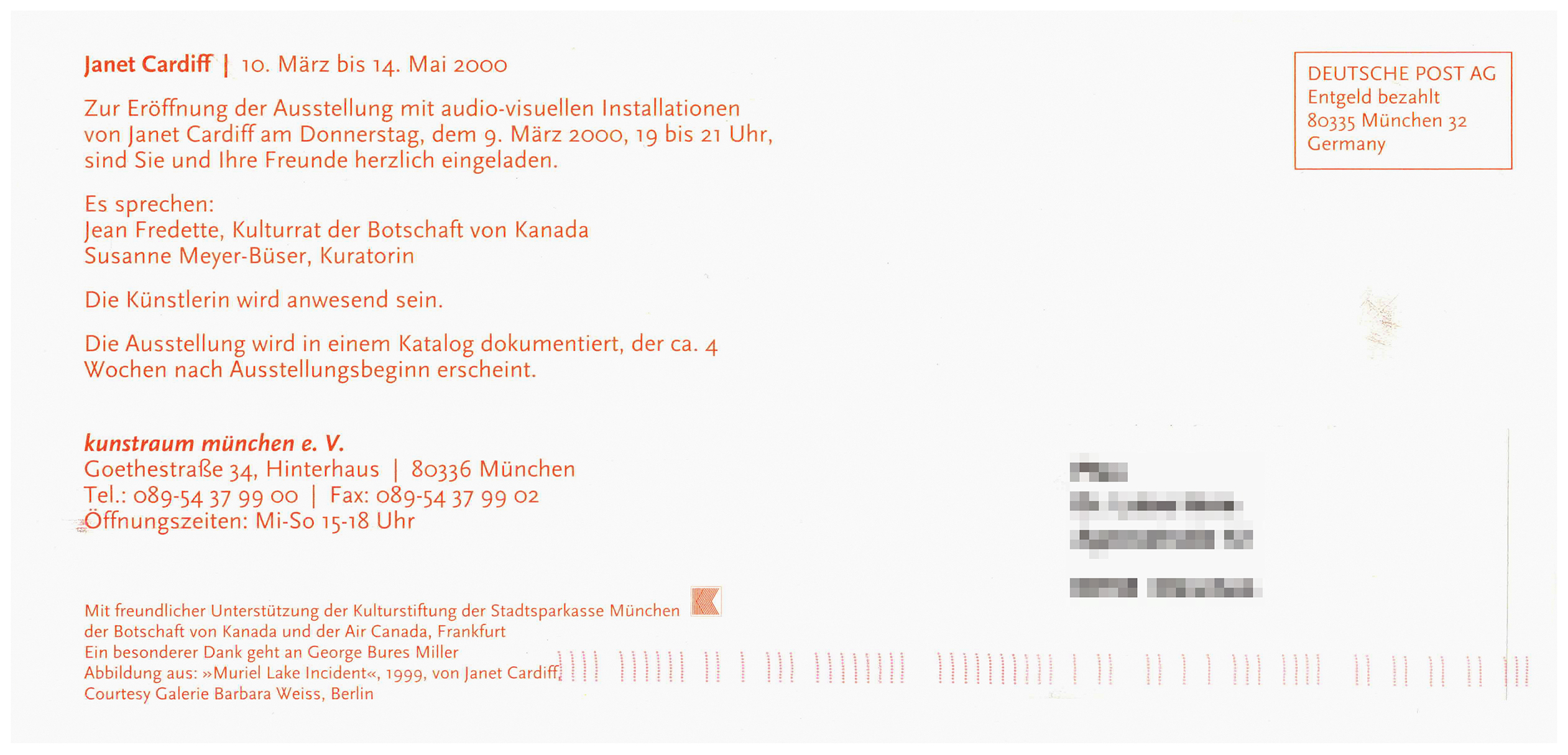 <p>Einladungskarte zur Ausstellung "Janet Cardiff", Kunstraum München e.V., 2000, Drucksache, 10 × 21 cm</p>