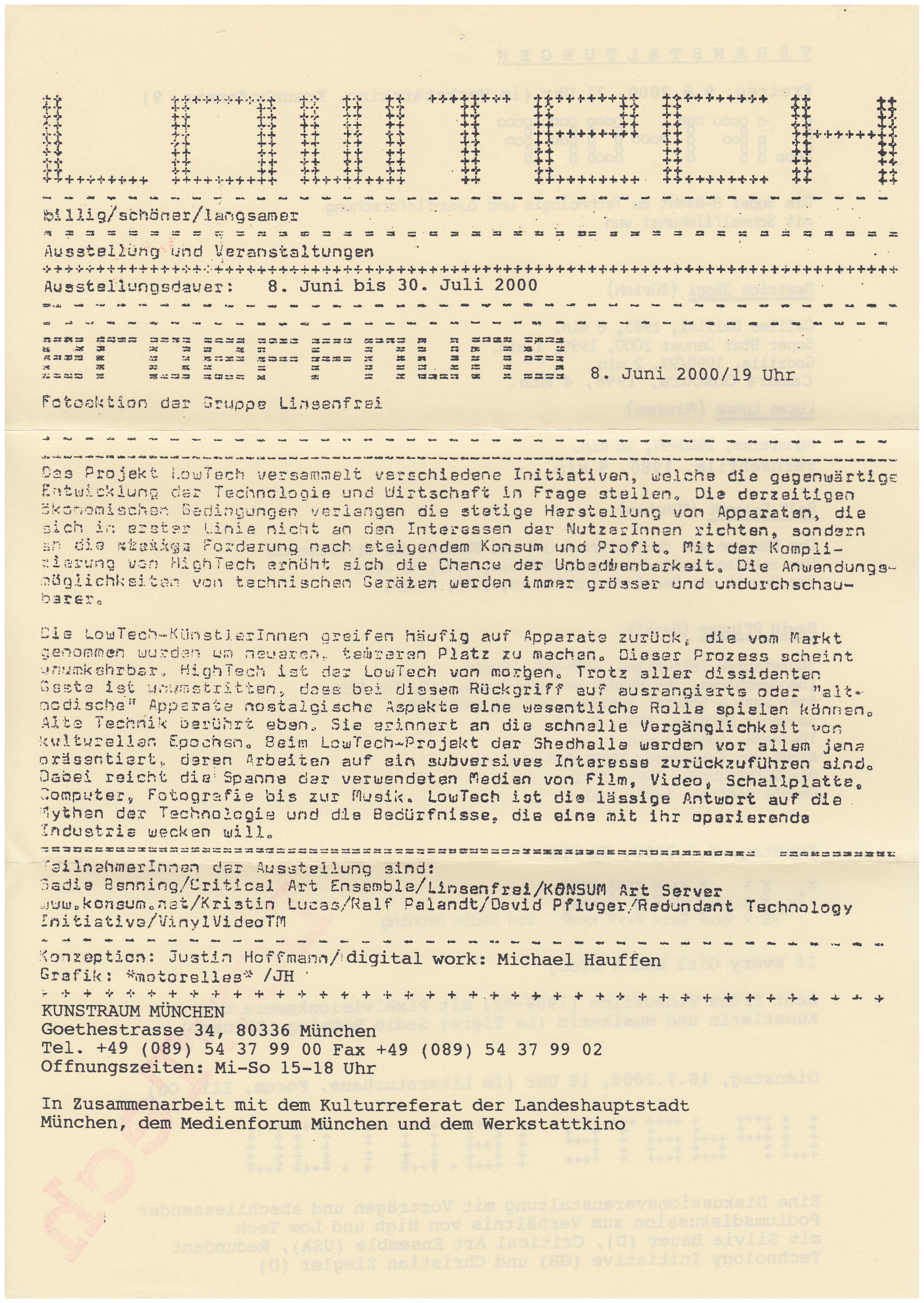 <p>Einladungskarte zur Ausstellung "LowTech", Kunstraum München e.V., 2000, Drucksache, 29.7 x 21 cm</p>