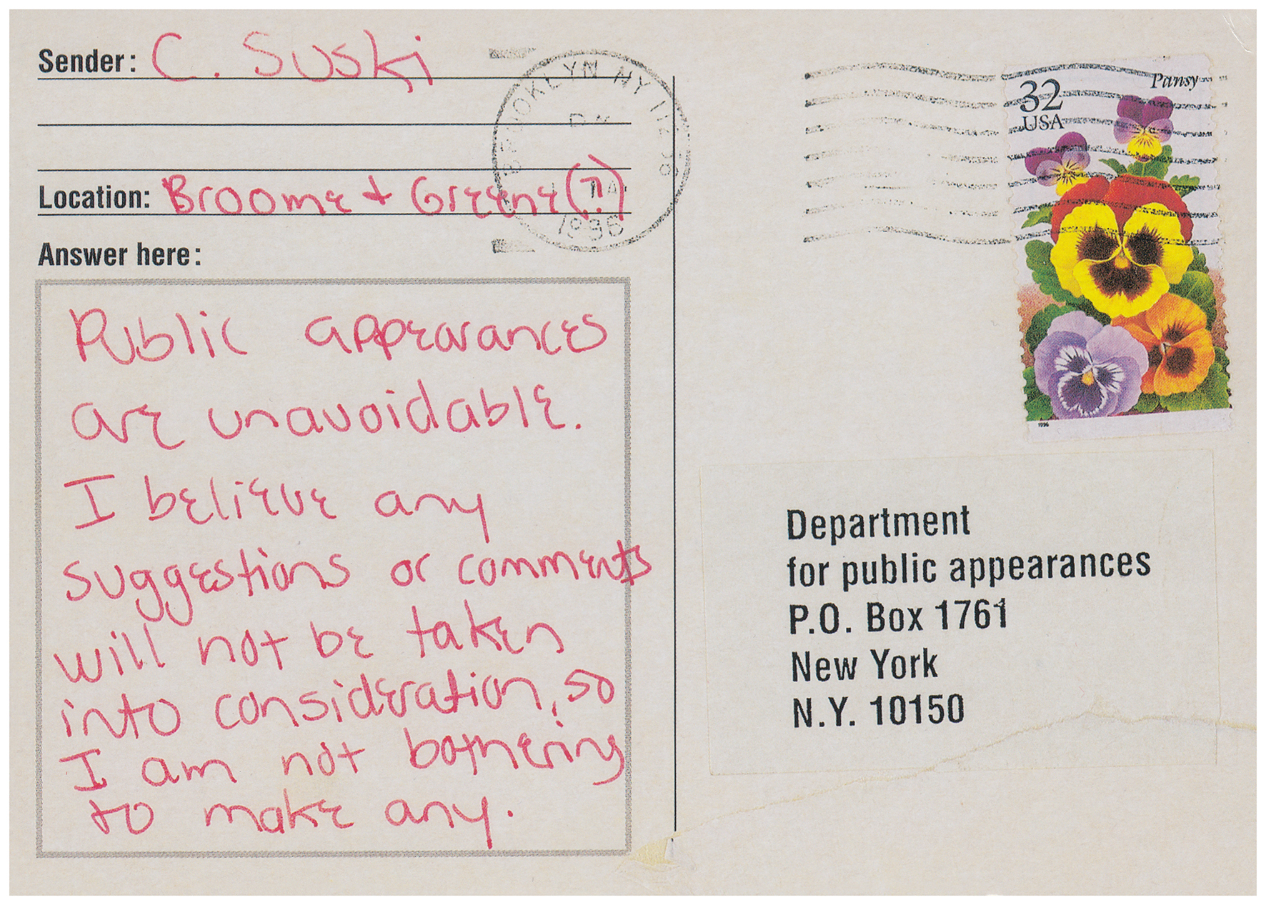 <p>Einladungskarte zur Ausstellung "Public Appearances are Unavoidable", Kunstraum München e.V., 2003, Drucksache, 10.5 x 14.8 cm</p>