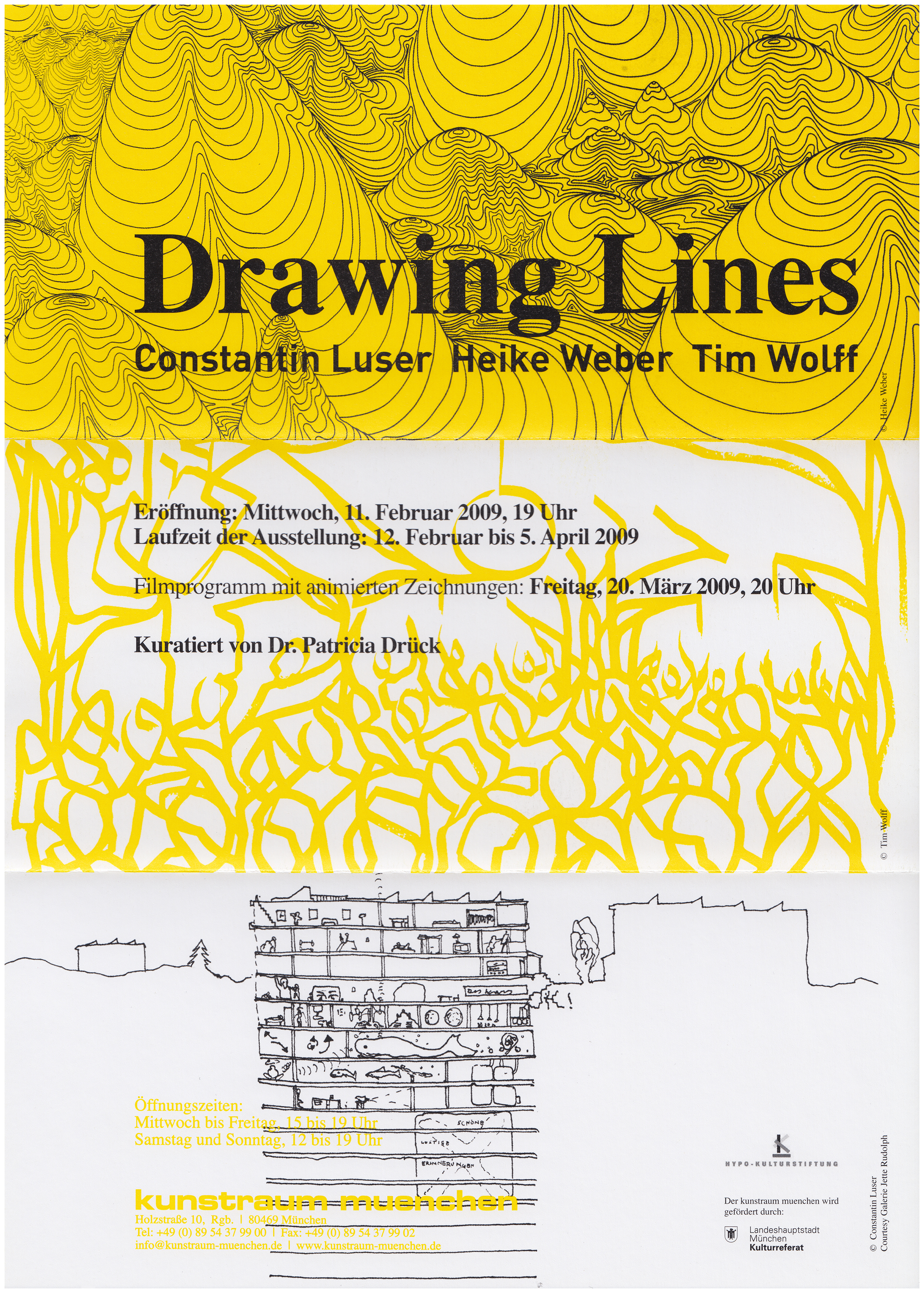 <p>Einladungskarte zur Ausstellung "Drawing Lines", Kunstraum München e.V., 2009, Drucksache, 27.9 x 21 cm</p>