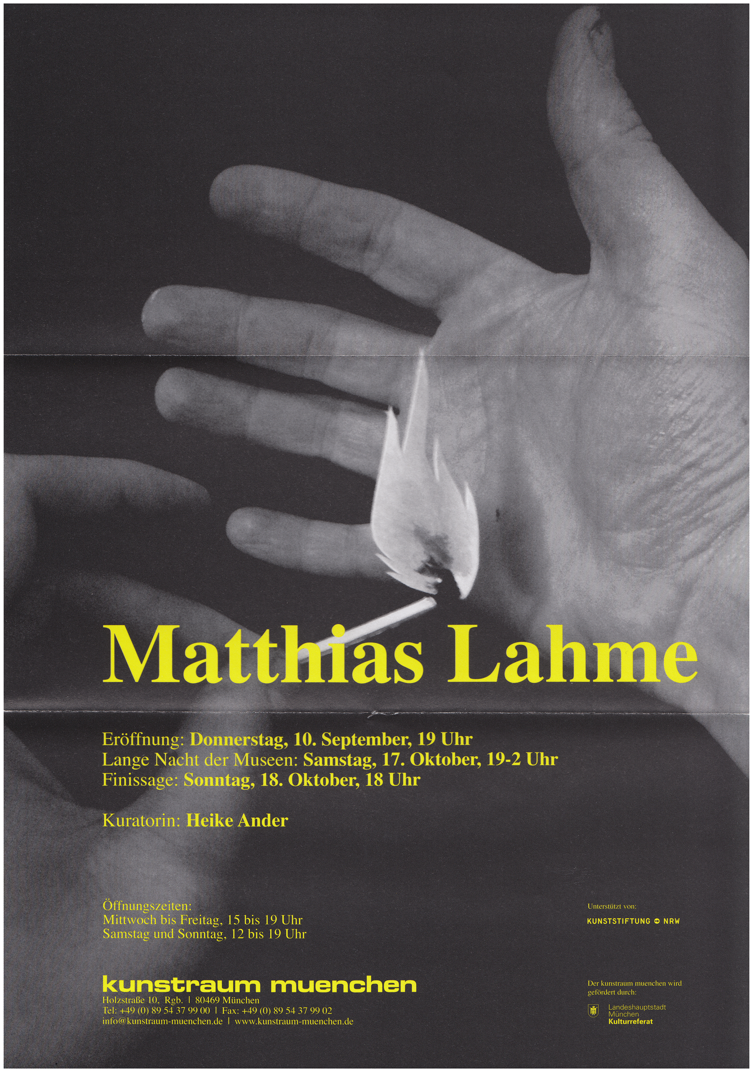 <p>Einladungskarte zur Ausstellung "Matthias Lahme", Kunstraum München e.V., 2009, Drucksache, 27.9 x 21 cm</p>