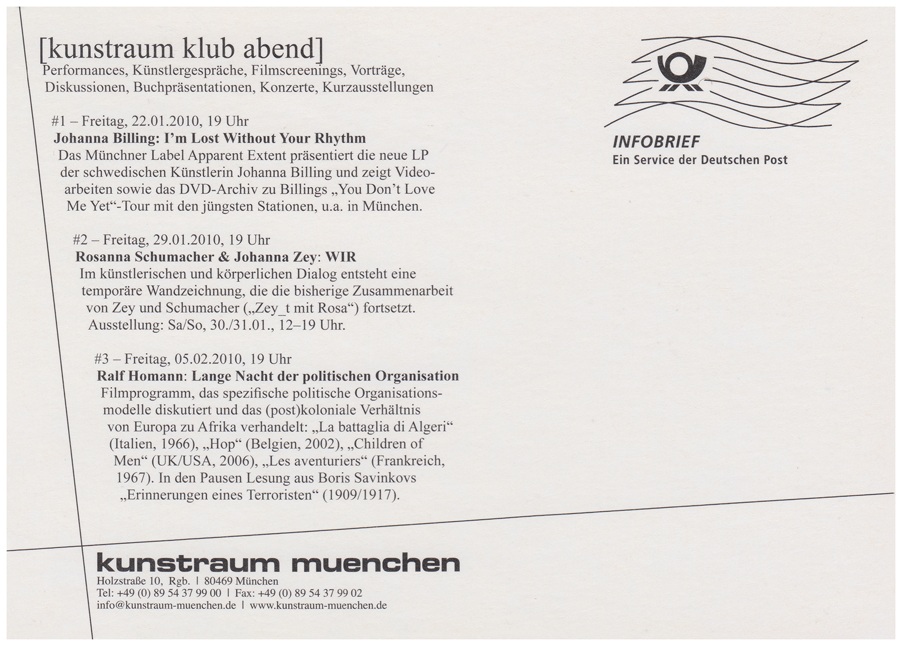 <p>Einladungskarte zur Ausstellung "kunstraum klub abend", Kunstraum München e.V., 2010, Drucksache,</p>