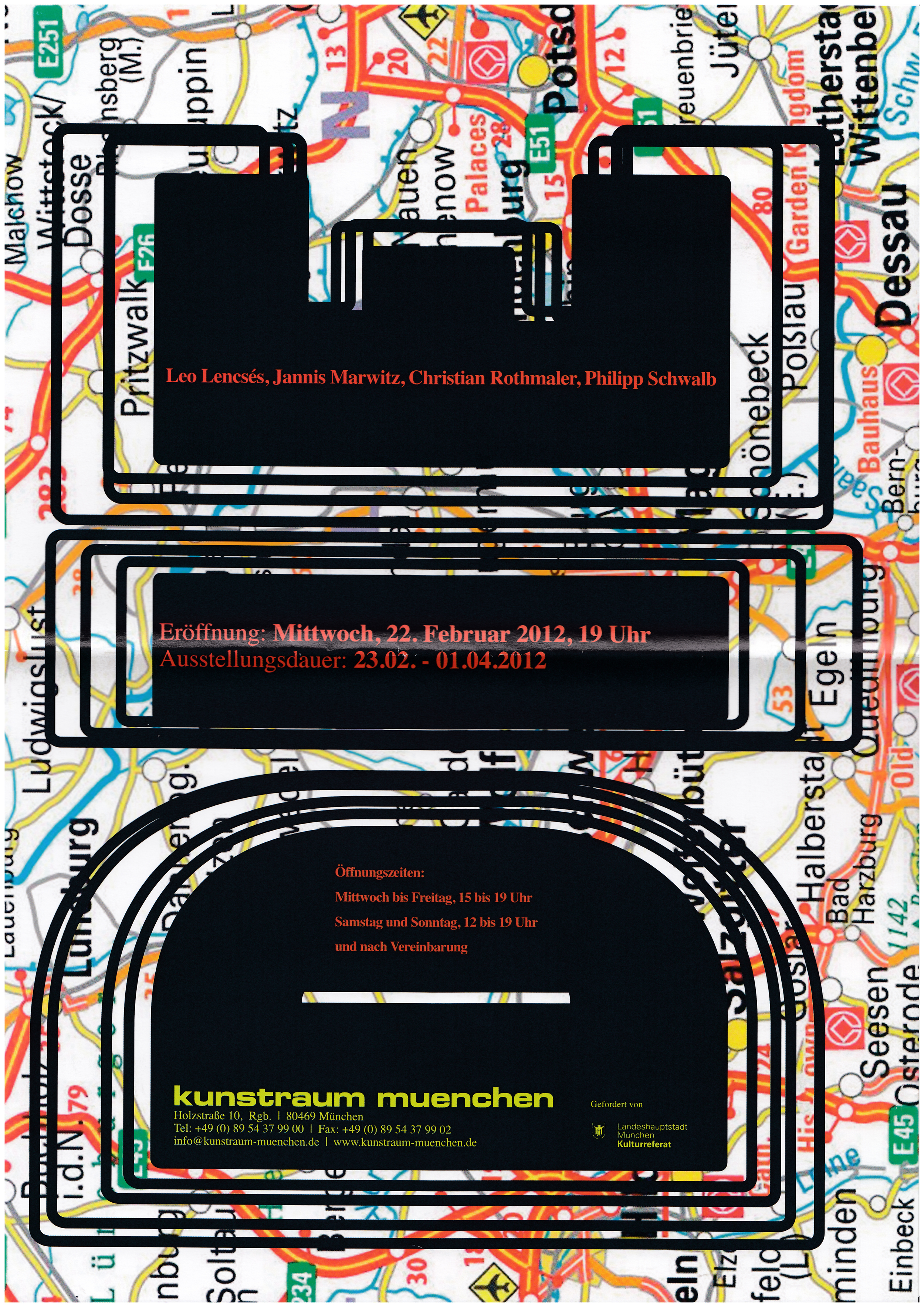 <p>Einladungskarte zur Ausstellung "DIE. Leo Lencsés, Jannis Marwitz, Christian Rothmaler, Philipp Schwalb", Kunstraum München e.V., 2012, Drucksache, 29.7 x 21 cm</p>