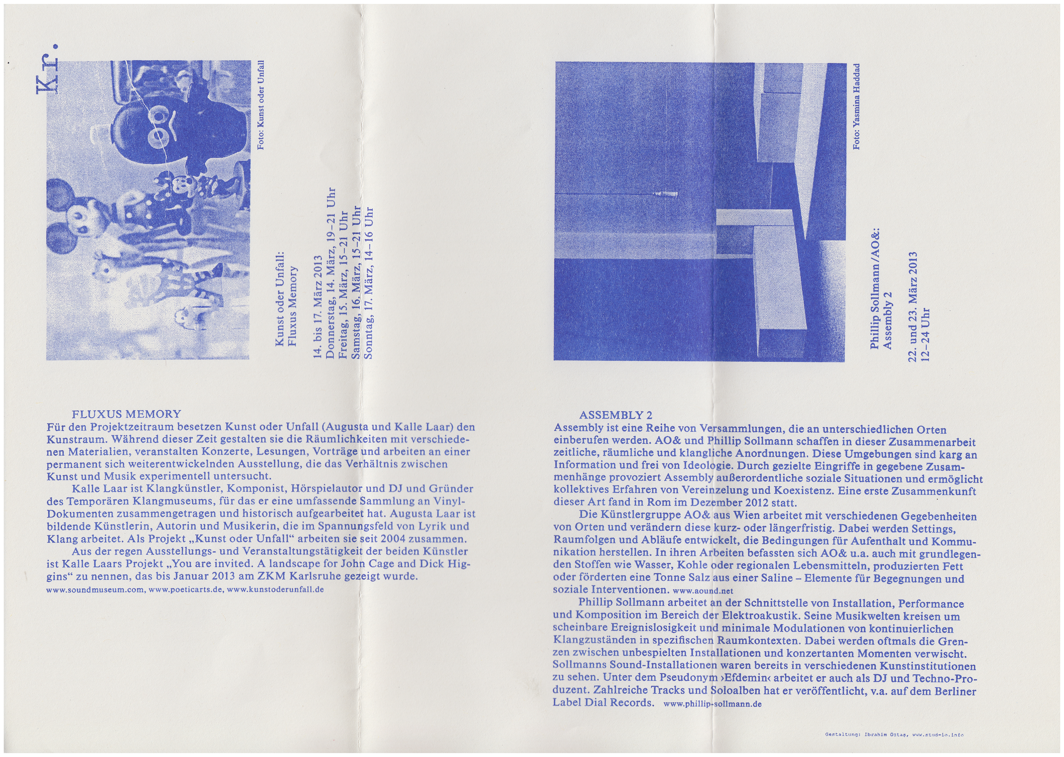 <p>Einladungskarte zur Ausstellung "Themenblock Musik & Kunst No. 2, 3: Kunst oder Unfall – Fluxus Memory, Assembly 2,  Kurzausstellung", Kunstraum München e.V., 2013, Drucksache, 29.7 x 21 cm</p>