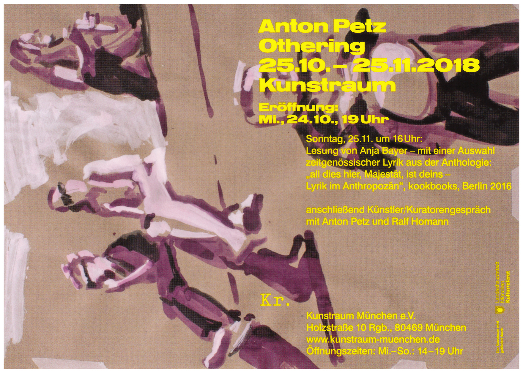 <p>Einladungskarte zur Ausstellung "Anton Petz. Othering. Grafische Zyklen und einzelne Bilder", Kunstraum München e.V., 2018, Drucksache, 10.3 x 14.8 cm</p>