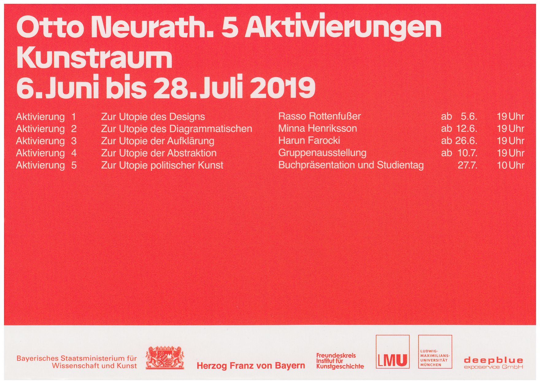 <p>Einladungskarte zur Ausstellung "Otto Neurath. 5 Aktivierungen", Kunstraum München e.V., 2019, Drucksache, 10.3 x 14.8 cm</p>