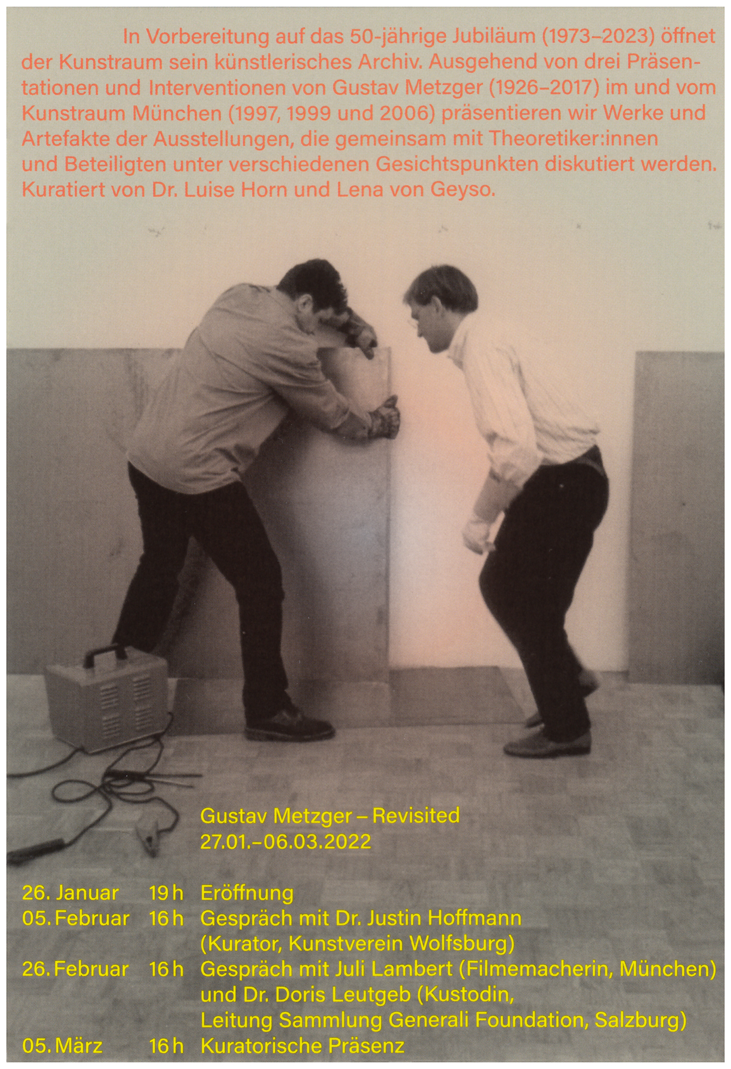 <p>Einladungskarte zur Ausstellung "Gustav Metzger. Revisited ", Kunstraum München e.V., 2022, Drucksache, 17.5 x 12 cm</p>