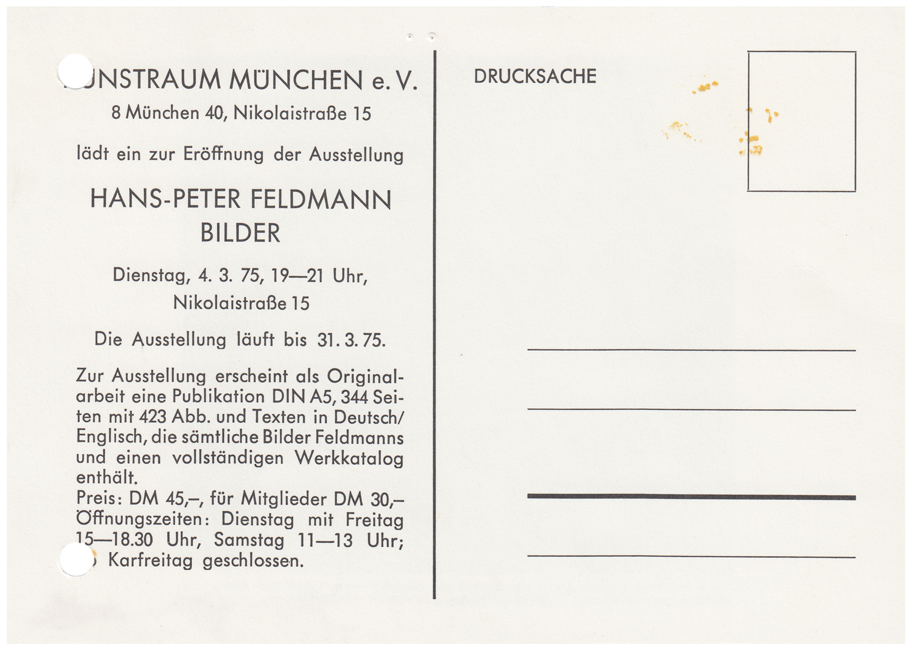 <p>Einladungskarte zur Ausstellung "Hans-Peter Feldmann. Bilder/Pictures", Kunstraum München e.V., 1975, Drucksache, 10.3 x 14.8 cm</p>