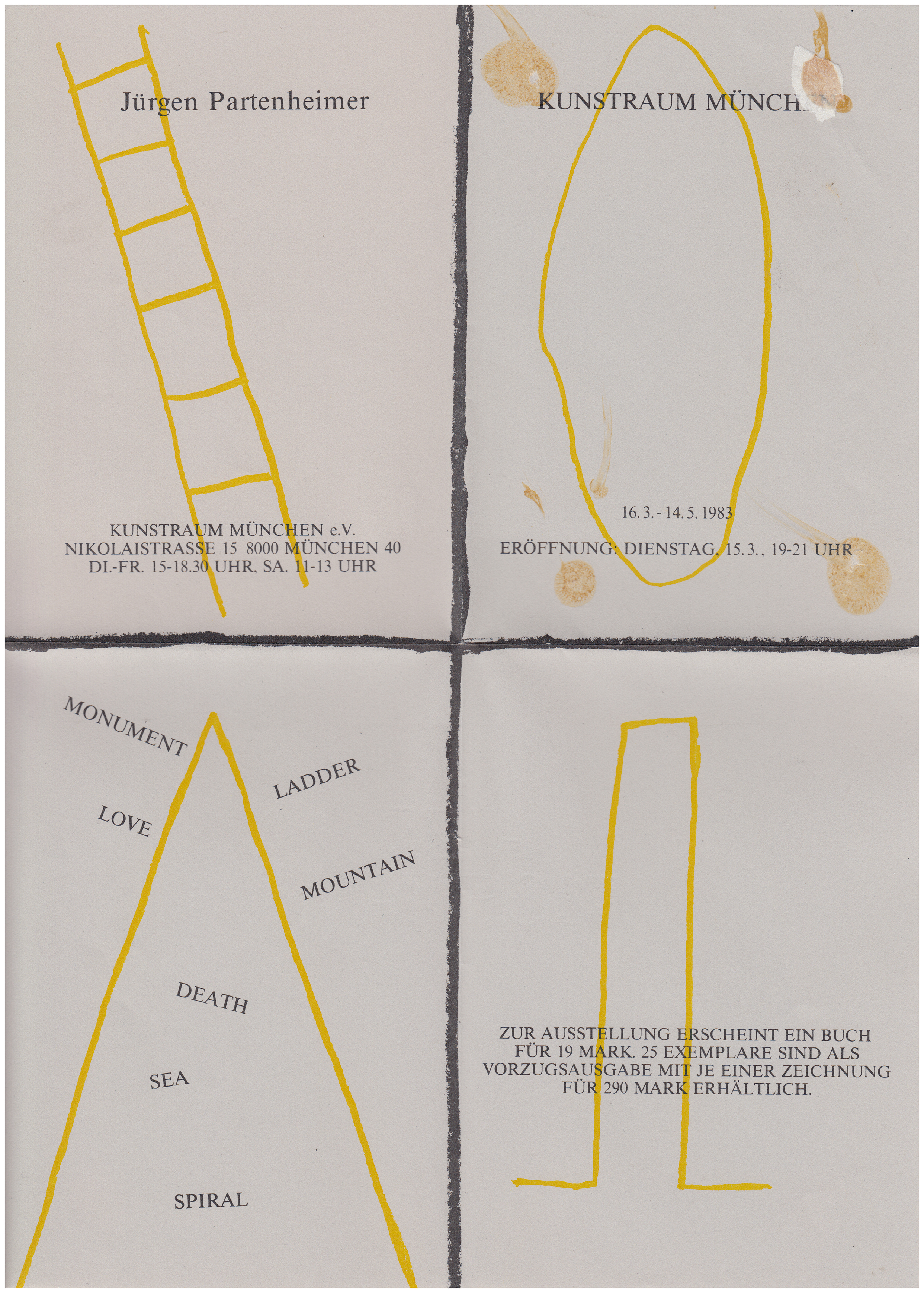 <p>Einladungskarte zur Ausstellung "Jürgen Partenheimer. Der Weg der Nashörner, AXIS MUNDI twixit thumb and the next, Fragmente", Kunstraum München e.V., 1983, Drucksache, 29.3 x 21 cm</p>