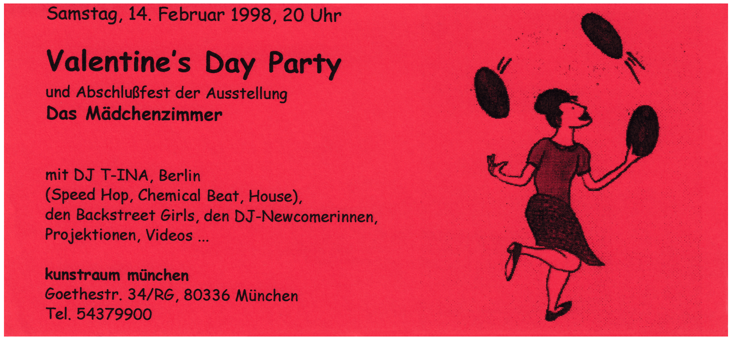 <p>Einladungskarte zur Ausstellung "Valentine's Day Party", Kunstraum München e.V., 1998, Drucksache, 9.2 x 20 cm</p>